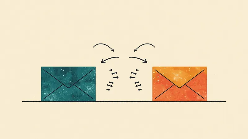 Illustration of a teal envelope and an amber envelope facing each other, with arrows passing between them