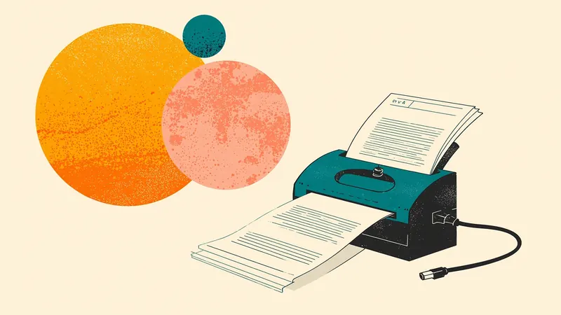 Illustration of a printer feeding out sheets of paper beside overlapping teal, amber and coral circles