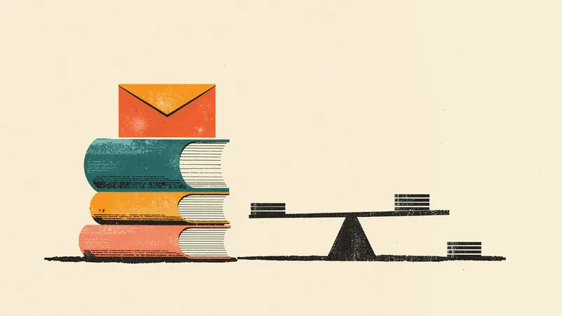 Illustration of a stack of books topped with an envelope next to a balance scale holding coins