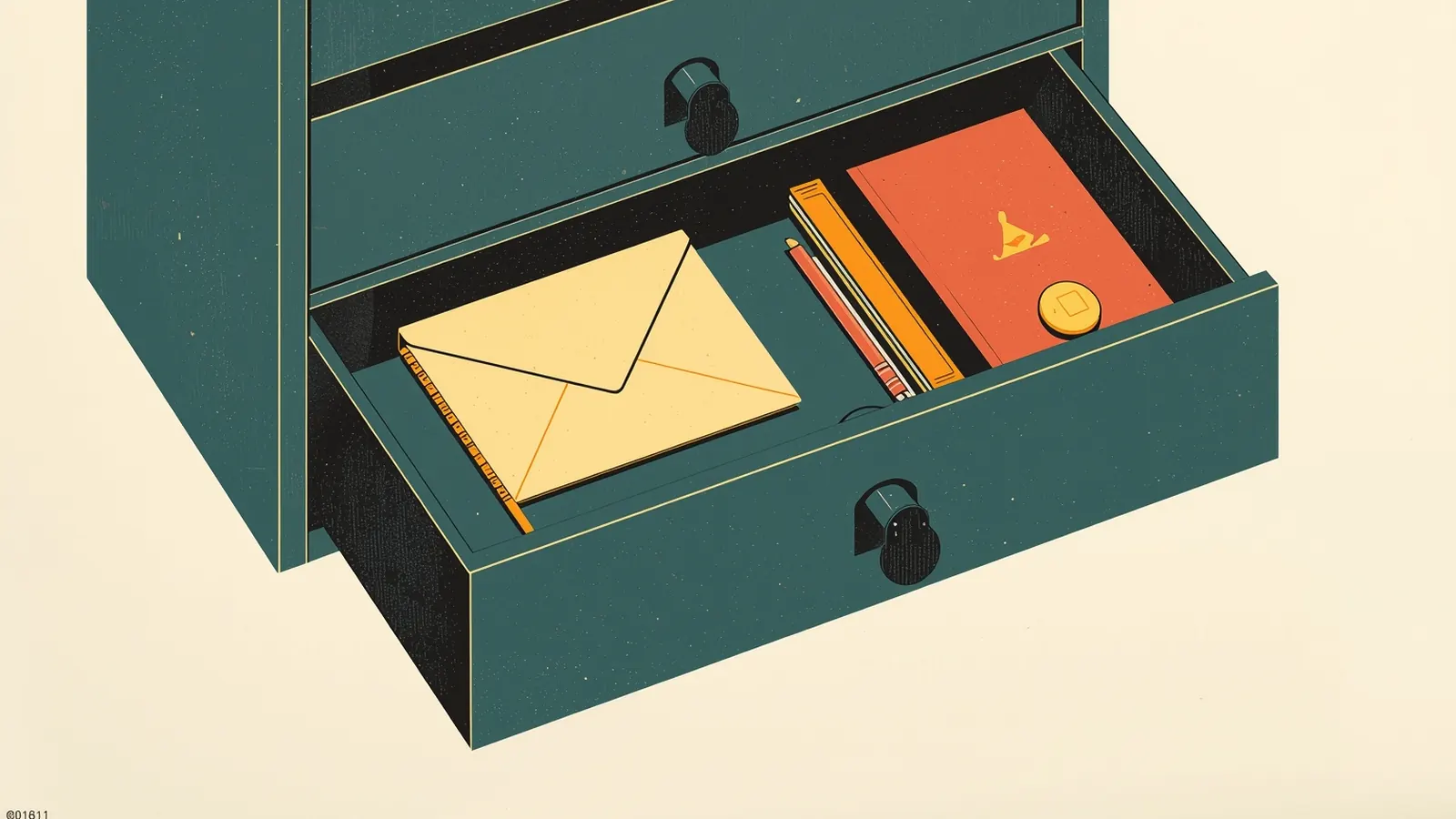 Illustration of an open teal drawer holding an envelope, a pencil, a notebook and a coin