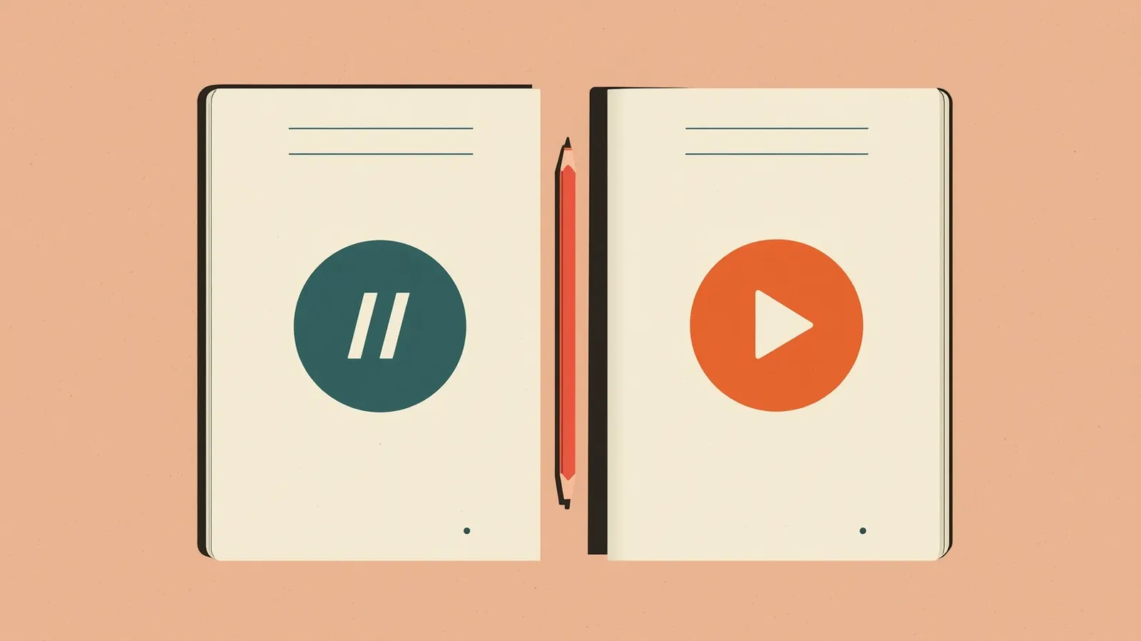 Illustration of two notebooks side by side, one marked with a code symbol and one with a play button, a pencil between them