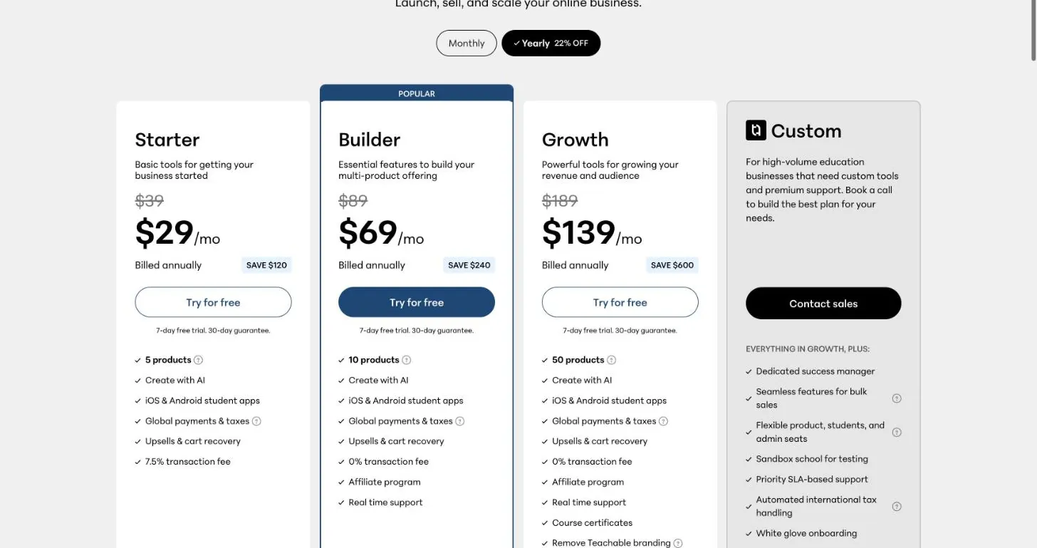 Teachable pricing page